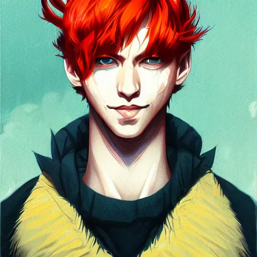 Image similar to headshot portrait of male anime character extremely sharp jaws slit yellow eyes medium length red hair inspired by tom hiddleston by anato finnstark, tom bagshaw, brom