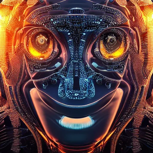 Image similar to an insanely detailed cibernetic artwork of a futuristic artificial intelligence superstar, extremely detailed water texture, centered image, perfectly symmetrical alien face, with frames made of detailed fractals, octane render, 4k, insanely detailed, detailed grid as background, photorealistic digital art, sunset colors, cgi