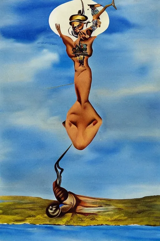 Image similar to lad river defender in the style of salvador dali