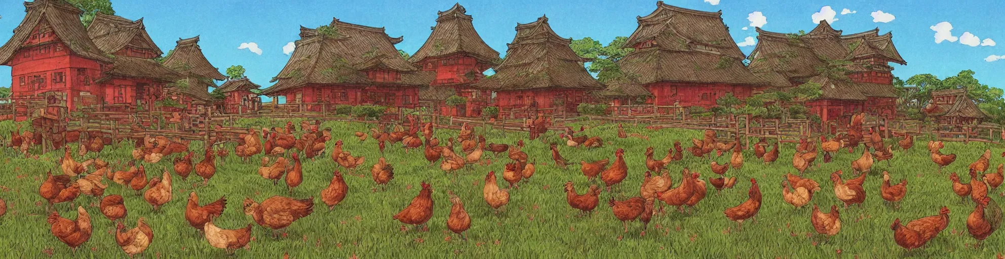 Image similar to big red and brown japanese fort in a meadow with chickens by studio ghibli painting