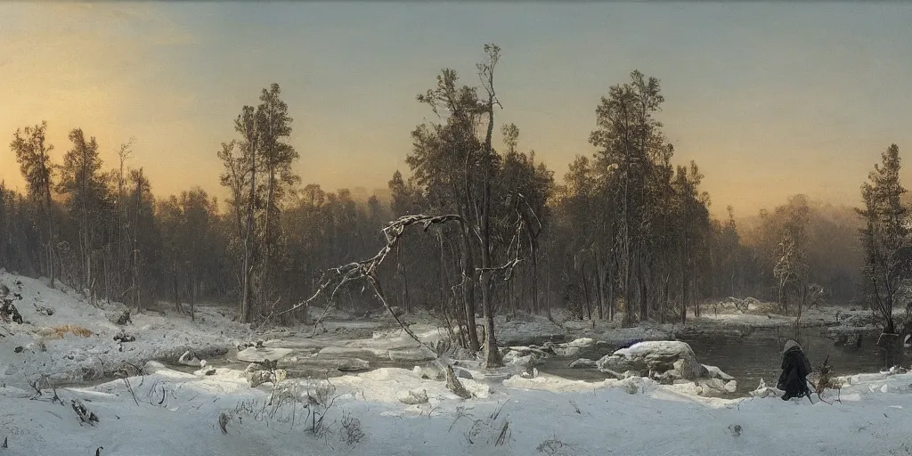 Prompt: winter landscape, faint sunrise, lush field, giant monster spider, forest, frozen river, matte painting, by Isaac Levitan and Asher Brown Durand