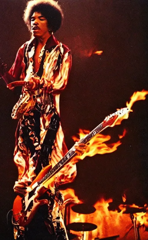 Image similar to jimi hendrix burning a stratocaster on the stage, cinematic composition and lighting