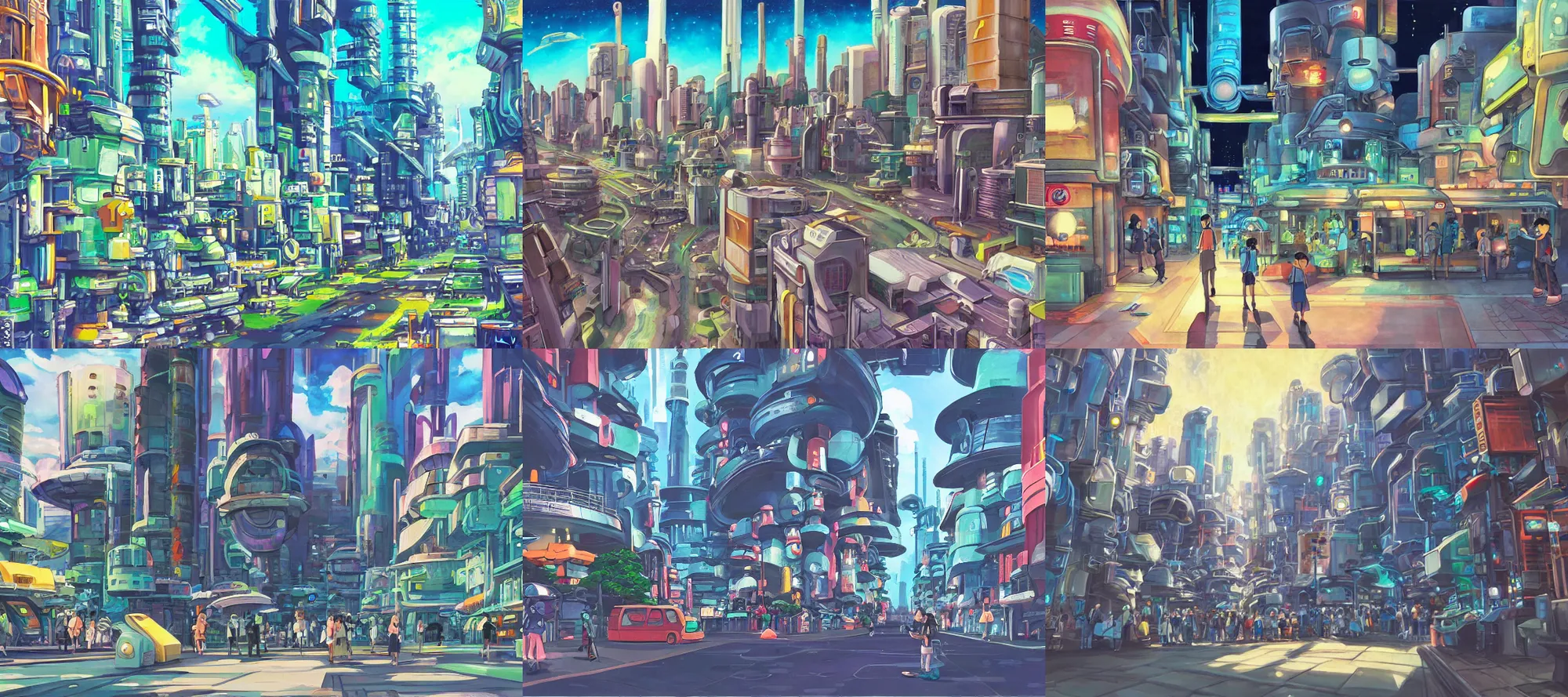 Prompt: a futuristic sci-fi city street, studio Ghibli background painting