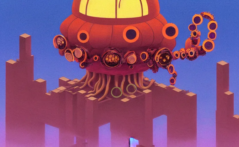 Image similar to a realistic cell - shaded studio ghibli concept art from paprika ( 2 0 0 6 ) of a flying intelligent multi - colored mechanical octopus from close encounters of the third kind ( 1 9 7 7 ) in a flooded monument valley. very dull colors, wide shot, hd, 4 k, hq