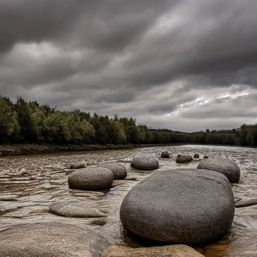 Image similar to detailed footage of european hunger stones in a river, photographic journalism, realistic, european river, carvings of drought and famine