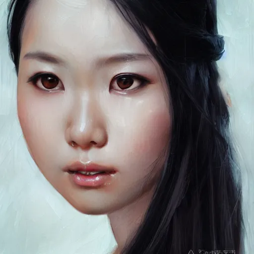 Prompt: Asian girl, watery black eyes, long wavy black hair, white veil, front closeup, highly detailed, centered, oil painting, artstation, concept art by Tran Ross