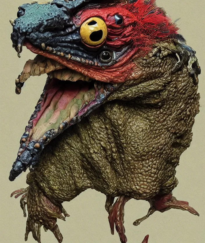 Prompt: a high resolution realistic portrait of an ork creature made of doglike class aves skin merged frog, strangled by plastic wrap bower bird creature wrinkles pheasant, complex feathers exotic morphing hoopoe, zebra morphing wings king vulture head