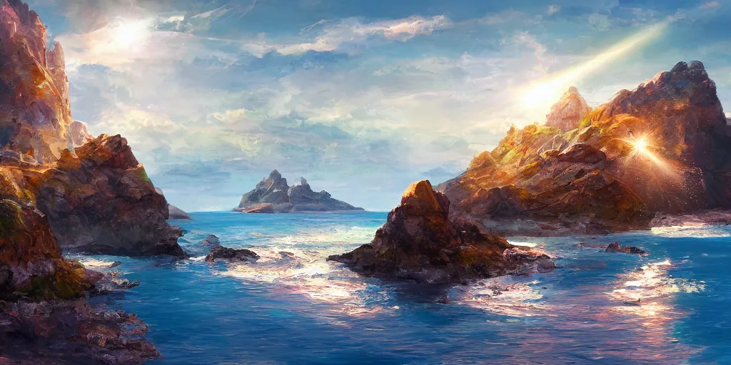 Image similar to salt covered islands surrounded by sheer colourful quartz cliffs, illustration, bright sunlight, sun glints, sunrays, digital art, oil painting, fantasy, 8 k, trending on artstation, detailed