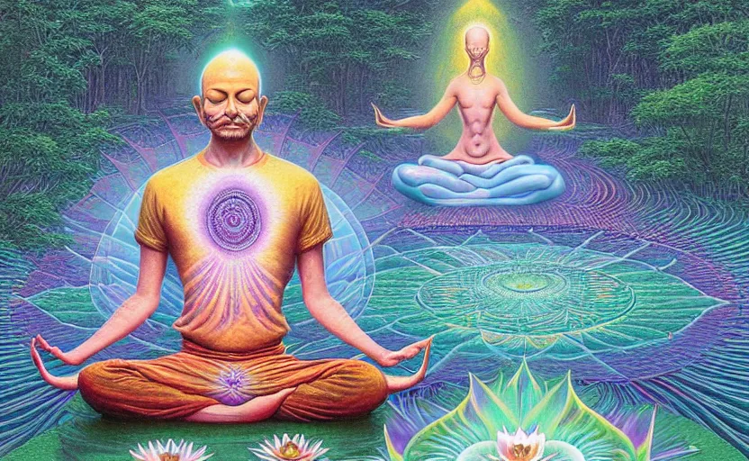 Prompt: psychedelic yogi meditating in the lotus position, levitating over reflecting pool hd by Greg rutkowski and Alex grey