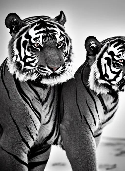 Image similar to two tigers black and white portrait white sky in background