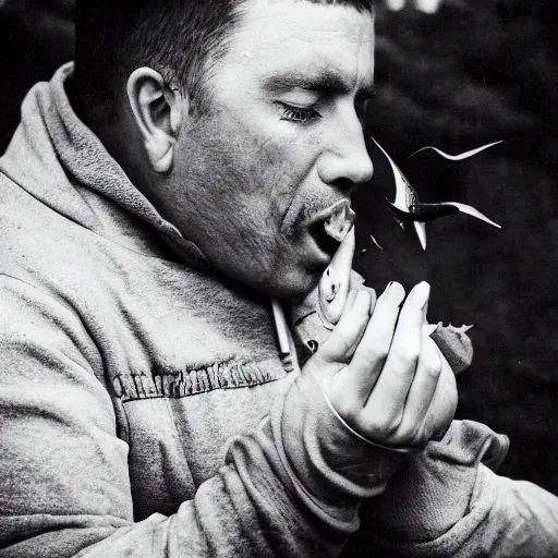 Prompt: Serious black-and-white photograph of a man pulling a swordfish out of his nose.