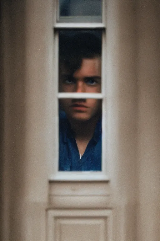 Image similar to kodak portra 4 0 0 photograph of a guy looking out their window, eyes, beautiful eyes, stunning eyes, close up, telephoto, faded effect, grain,