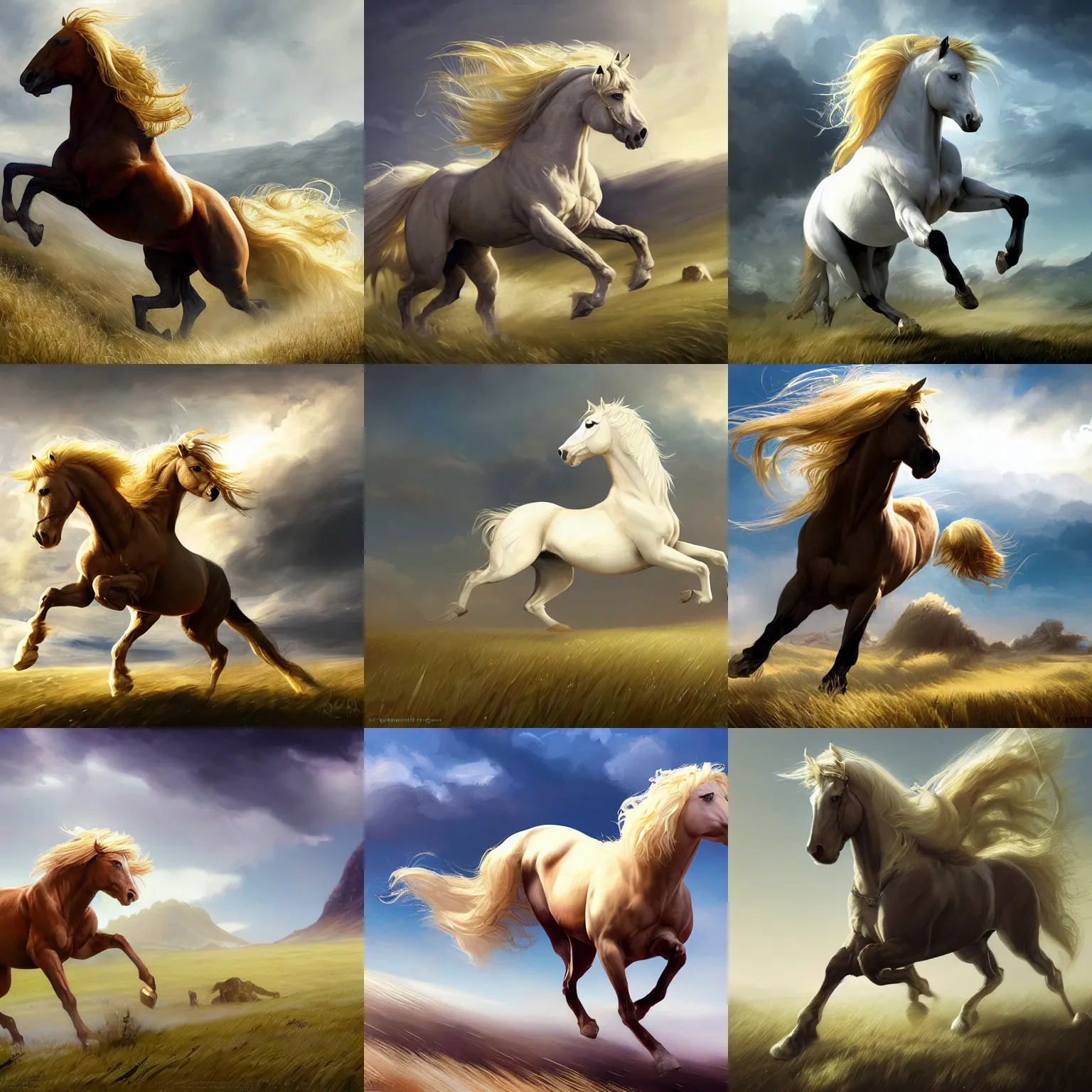Prompt: white horse with blond mane running in field background, highly detailed, digital painting, artstation, concept art, sharp focus, illustration, aleksi briclot, rutkowski, frazetta
