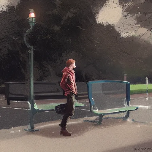 Image similar to a young man waiting at the bus stop in ireland, digital art by greg rutkowski