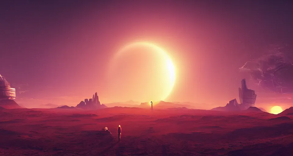 Prompt: Sci-fi landscape of a desert with two suns suns in the sky and futuristic city in the background, orange and purple colors, cinematic, science-fiction art wallpaper, stunning digital art