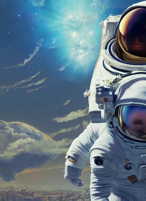 Image similar to Beautiful NASA astronaut in space, screenshot from Breath of the Wild, oil on canvas. Cinematic, hyper realism, realistic proportions, dramatic lighting, high detail 4k