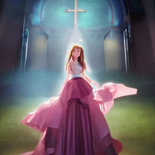 Image similar to aerith from final fantasy in a beautiful dress standing in front of a church, concept art, beautiful lighting, 8 k, digital art, trending on artstation, by yoshitaka amano