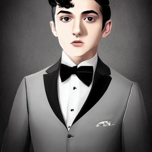 Prompt: 1 6 year old black suit white shirt, black bowtie, black haired royal garment man, determined, fearless, sharp looking portrait, digital art