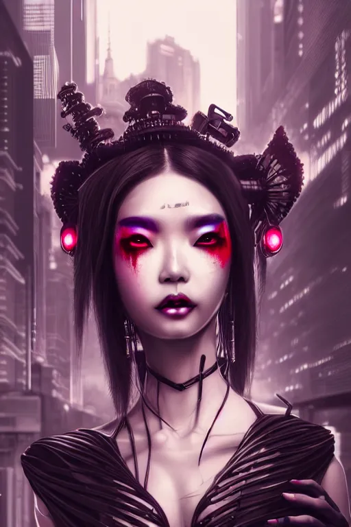 Prompt: soft lustrous ebony asian geisha goddess yakuza biotech raver gothic cyborg, cyberpunk city, urban decay, decay, underworld, dark art, highly detailed, digital painting, octane render, artstation, concept art, smooth, sharp focus, illustration, art by artgerm, loish, wlop