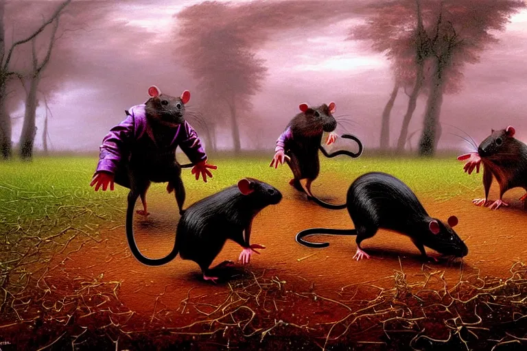 Prompt: a family of rats scurrying across a drenched field in a torrential rainstorm, in the style of jacek yerks, intricate and epic composition, red by caravaggio, insanely quality, highly detailed, masterpiece, purple light, artstation, 4 k