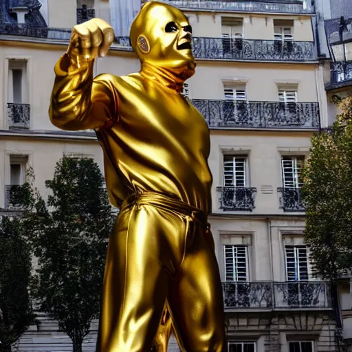 Image similar to A large golden statue of Michael Myers in Paris, photographer image,