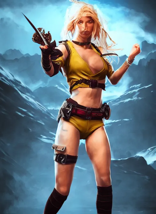 Image similar to An epic fantasy comic book style portrait painting of an athletic female thief with blonde hair dancing, unreal 5, DAZ, hyperrealistic, octane render, cosplay, RPG portrait, dynamic lighting, high detail