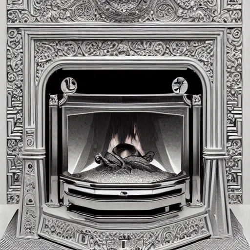 Prompt: a portrait of a chrome carved hearth. highly detailed. intricate artwork. by Tooth Wu, wlop, rending on artstation, graphic style style of Patrick Gleason very coherent symmetrical artwork. high detail, depth of field, bokeh.