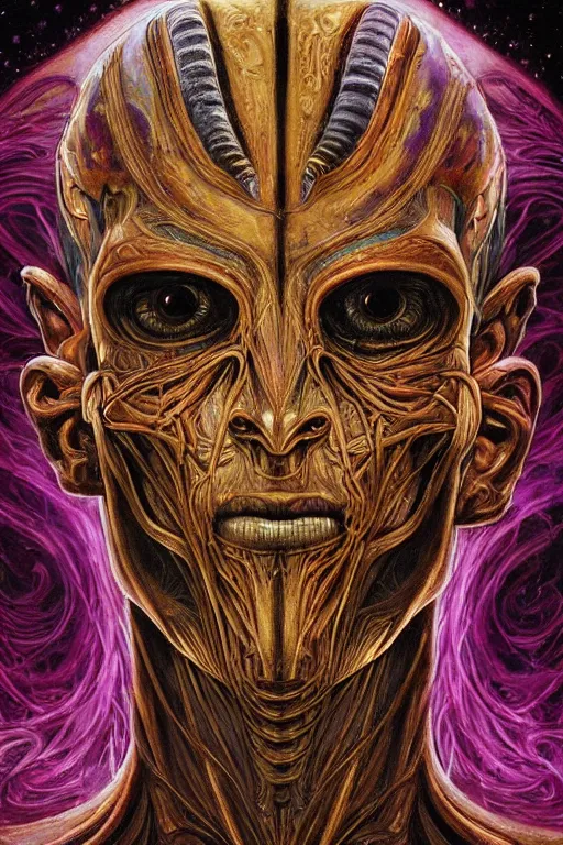 Prompt: Elden Ring and Psytrance DMT entity themed painting of majestic chromatic biomechanical anatomical human undead pharaoh mummy mask closeup face, golden ratio concept, Neo-Gothic concept, infinity hieroglyph waves, intricate artwork masterpiece, very coherent artwork, cinematic, full frontal facial features by Artgerm, art by H.R. Giger, Joseph Michael Linsner, Alex Grey, Johnatan Wayshak, Moebius, Ayami Kojima, very anatomically coherent artwork, trending on cgsociety, ultra high quality model, production quality cinema model, high detail chromatic ink outline, octane render, unreal engine 8k, hyper realism, high detail, octane render, unreal engine, 8k, High contrast