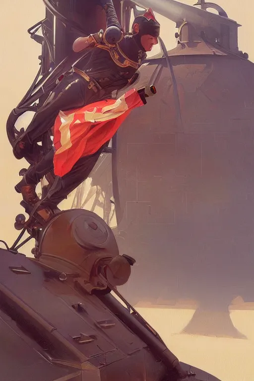 Image similar to man as human cannonball in the modern artillery cannon, realistic painting, symmetrical, highly detailed, digital painting, artstation, concept art, smooth, sharp focus, illustration, cinematic lighting, art by artgerm and greg rutkowski and alphonse mucha