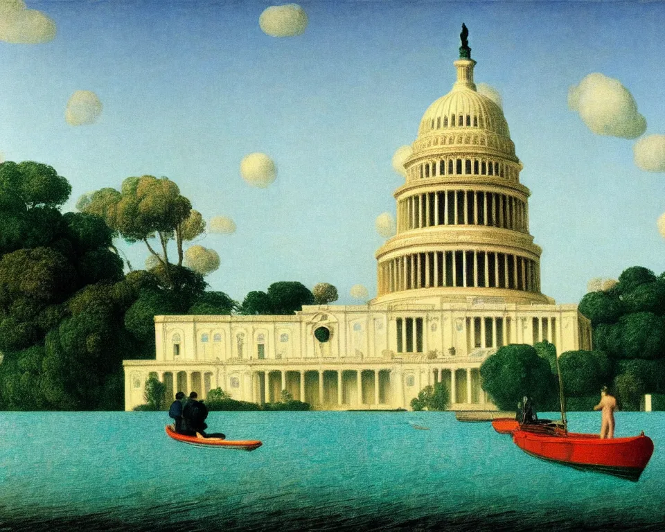 Image similar to an achingly beautiful print of a ruined U.S. Capitol in the Maldives by Raphael, Hopper, and Rene Magritte. detailed, romantic, enchanting, trending on artstation.