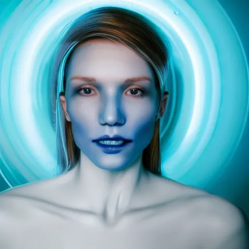 Prompt: A wide bottom camera shot view of a svelte female human with minimalistic bionic implants with artificial general intelligence integrated in her skull in the center of a white minimalistic room with fog in the bottom and light coming from a blue window on the ceiling that lights her skull with blue in the vast white room