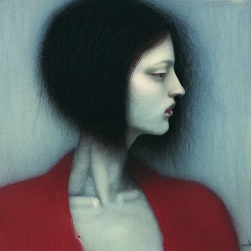 Prompt: pale white young girl in red dress with black dark short hairs by Beksinski