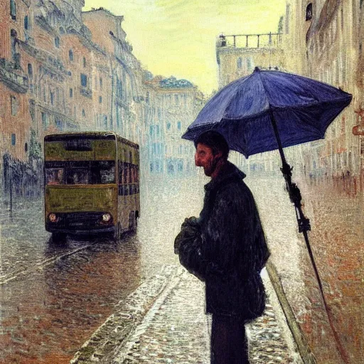 Image similar to painting of a guy with white hoodie and headphones at a bus stop in genoa rainy day by monet