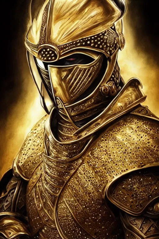 Image similar to Hyper-realistic photo of the King of the Desert, Gold Armour suit, Sword, sand, handsome attractive face, attractive young man, beautiful face, dramatic lighting, majestic, D&D, fantasy, elegant, intricate, highly detailed, digital painting, concept art, sharp focus, illustration, trending on artstation, art by artgerm and greg rutkowski and alphonse mucha