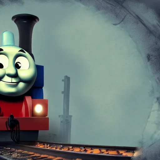 Prompt: gloomy and frightening creepy smiling thomas the engine goes straight to hell, artstation