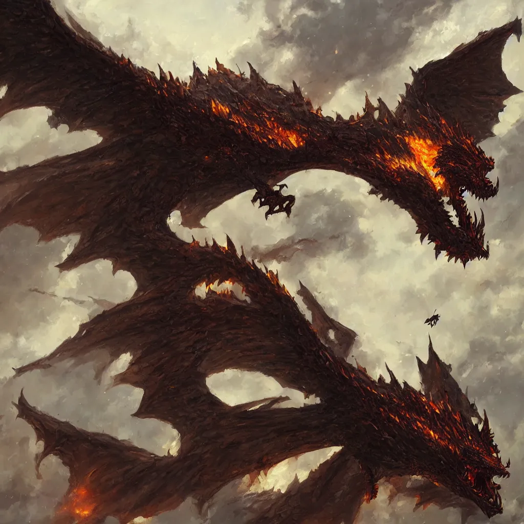 Image similar to oil painting of one deathwing dragon flying down on earth by greg rutkowski, closed up view