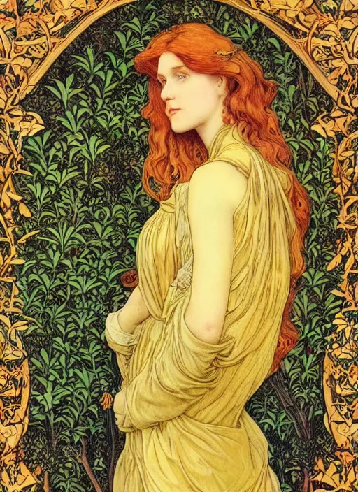 Image similar to masterpiece beautiful seductive flowing curves pose preraphaelite portrait photography, straight bangs, thick set, yellow ochre ornate medieval dress, mushroom forest arch, amongst foliage, william morris and kilian eng and mucha, framed, 4 k