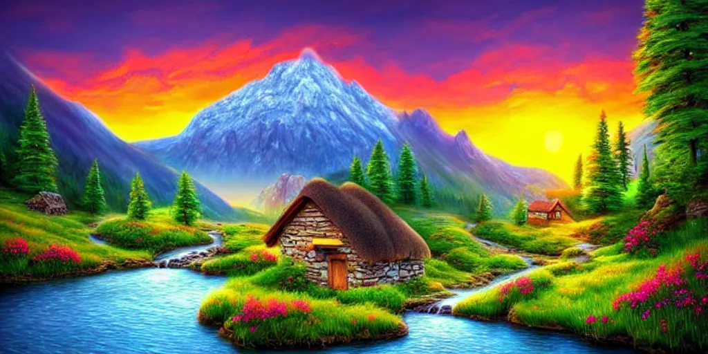 Prompt: a beautiful fantasy landscape, mountain in background, a waterfall in the mountains, little cottage, small pond, some trees in the corner, sunrise, hyper realism, artgem, art by philipp urlich, flat colors