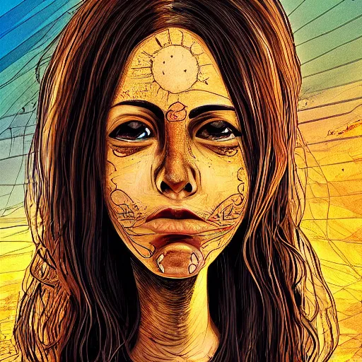 Image similar to illustration of a short but curvaceous El Salvadorian woman names Sarah with long brown hair and brown eyes. Her face had complex deep intriguing shamanic patterns within it. She stands in front of a solar Punk post apocalyptic scene