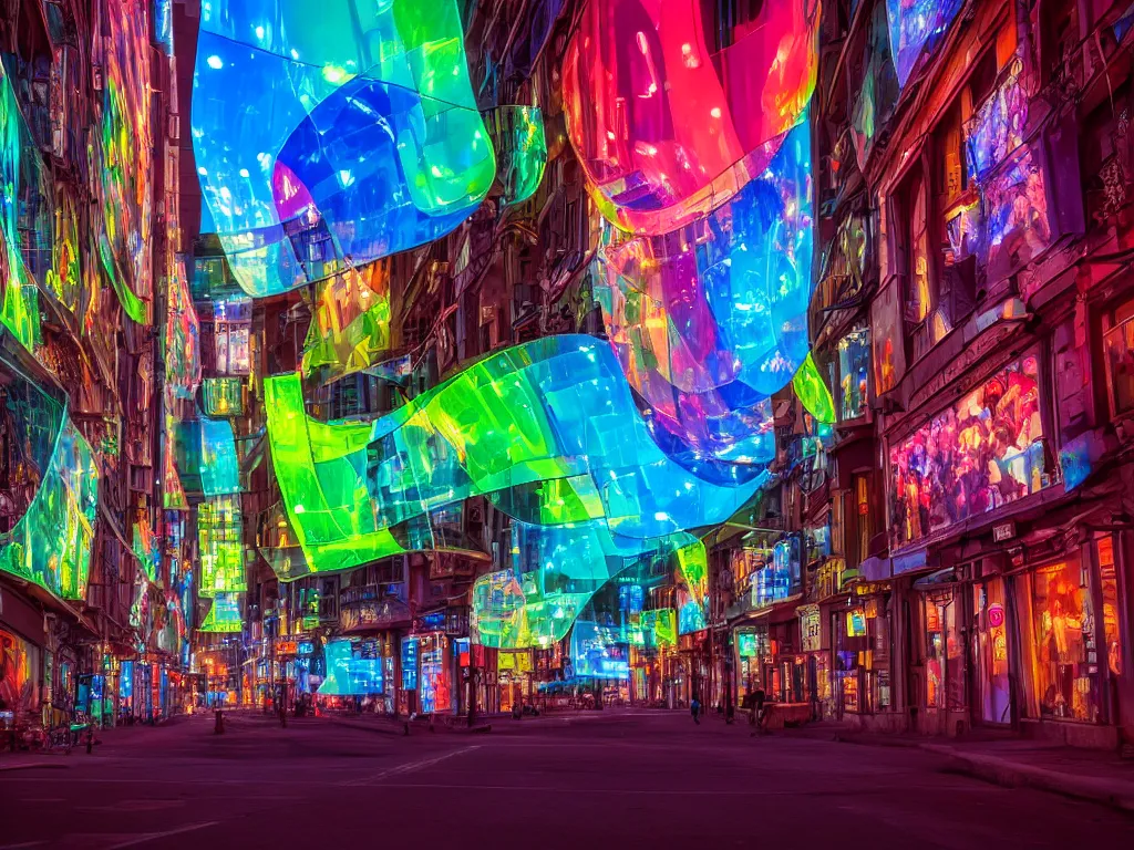 Prompt: streets with curved translucent screens projecting detailed art ( 2 0 4 2 ), large colorful images, pixel perfect photograph, high contrast, volumetric lighting, thin glowing lights, chair, users, pair of keys