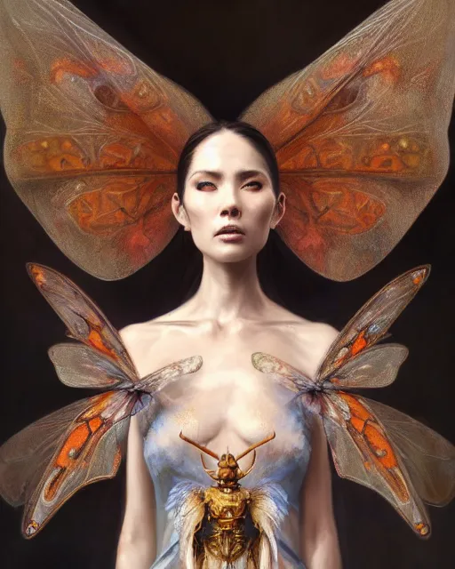 Image similar to Full view realistic ethereal Humanoid Maiden with symmetrical moth wings in a beautiful dress, oil on linen masterpiece by Craig Mullins Artgerm in the style of Ruan Jia, ornate Iconography background, tarot card, wlop, Ross Tran, detailed and realistic, soft lighting, intricate details, realistic, full view, Artstation, CGsociety