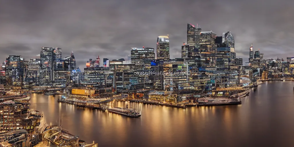 Image similar to high quality night photograph of docklands in london, dimly lit cirrus clouds, long exposure, architecture photography, ultrawide image