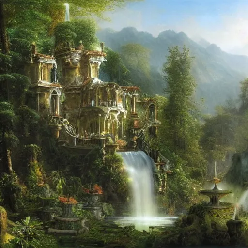 Image similar to a beautiful and highly detailed matte painting of a magical fountain in a fantasy garden in a lush forest deep in the mystical mountains, intricate details, epic scale, insanely complex, 8 k, sharp focus, hyperrealism, very realistic, by caspar friedrich, albert bierstadt, james gurney, brian froud,