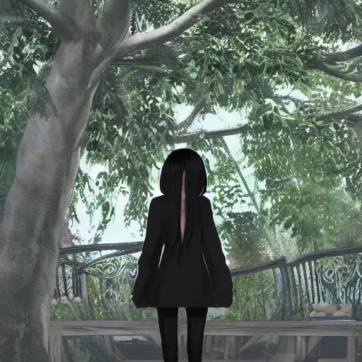 Image similar to 1 7 - year - old pale - skinned persian girl with black long bob cut, long bangs, black gothic jacket, black jeans, psychic girl, standing under treehouse in city plaza, urban plaza, treehouse hotel, large tree, ultra - realistic, sharp details, subsurface scattering, blue sunshine, intricate details, hd anime, 2 0 1 9 anime