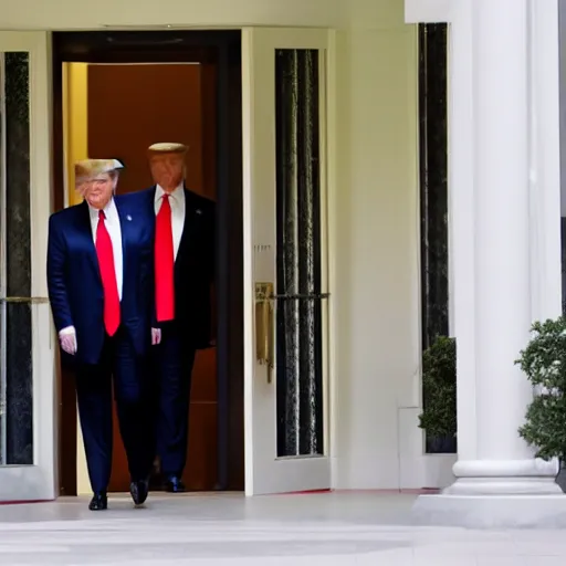 Image similar to Donald Trump entering meeting office of American Psycho, with a white card in his hand