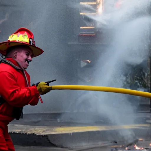 Image similar to a clown wearing firefighter clothes, using a flamethrower on a dumpster fire