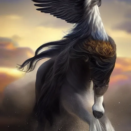 Image similar to digital illustion of a majestic unicorn with flowing mane riding on the back of a giant bald eagle, deviantArt, artstation, artstation hq, hd, 4k resolution