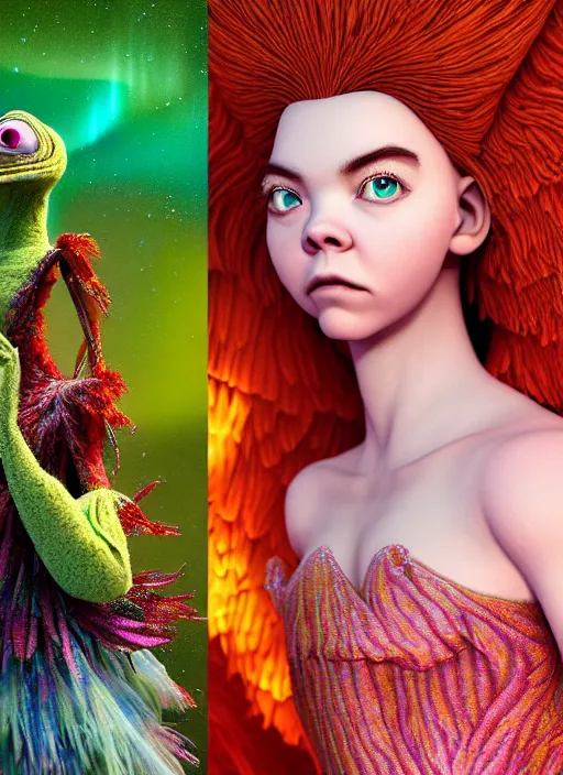 Image similar to hyper detailed 3d render like a Oil painting - kawaii portrait of two Aurora (a beautiful skeksis muppet fae princess protective playful expressive from dark crystal that looks like Anya Taylor-Joy) seen red carpet photoshoot in UVIVF posing in scaly dress to Eat of the Strangling network of yellowcake aerochrome and milky Fruit and His delicate Hands hold of gossamer polyp blossoms bring iridescent fungal flowers whose spores black the foolish stars by Jacek Yerka, Ilya Kuvshinov, Mariusz Lewandowski, Houdini algorithmic generative render, golen ratio, Abstract brush strokes, Masterpiece, Edward Hopper and James Gilleard, Zdzislaw Beksinski, Mark Ryden, Wolfgang Lettl, hints of Yayoi Kasuma and Dr. Seuss, octane render, 8k