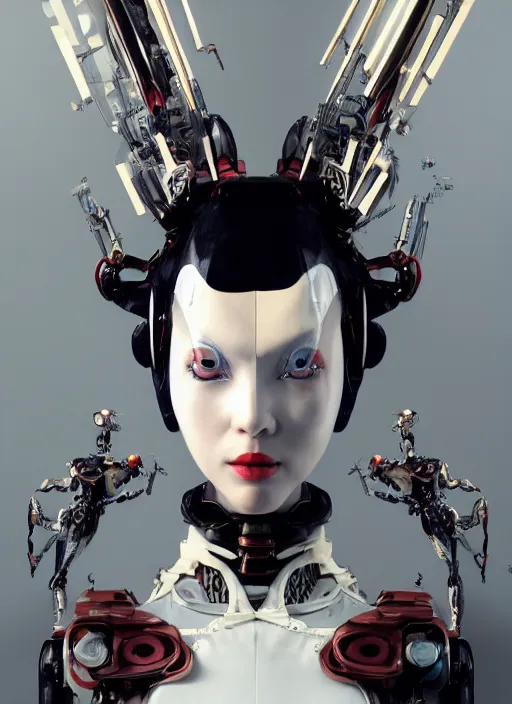 Prompt: close up portrait of a futuristic geisha cyborg, in the style of ghost in the shell, kintsugi, trending on artstation, modern fine art, fractal, intricate, elegant, highly detailed, digital photography, richard avedon and greg rutkowski,
