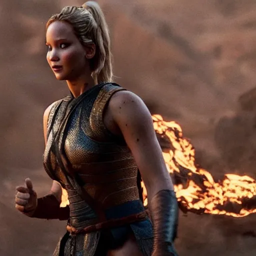 Prompt: still of Jennifer Lawrence as Sheeva in remake of Mortal Kombat (2029)